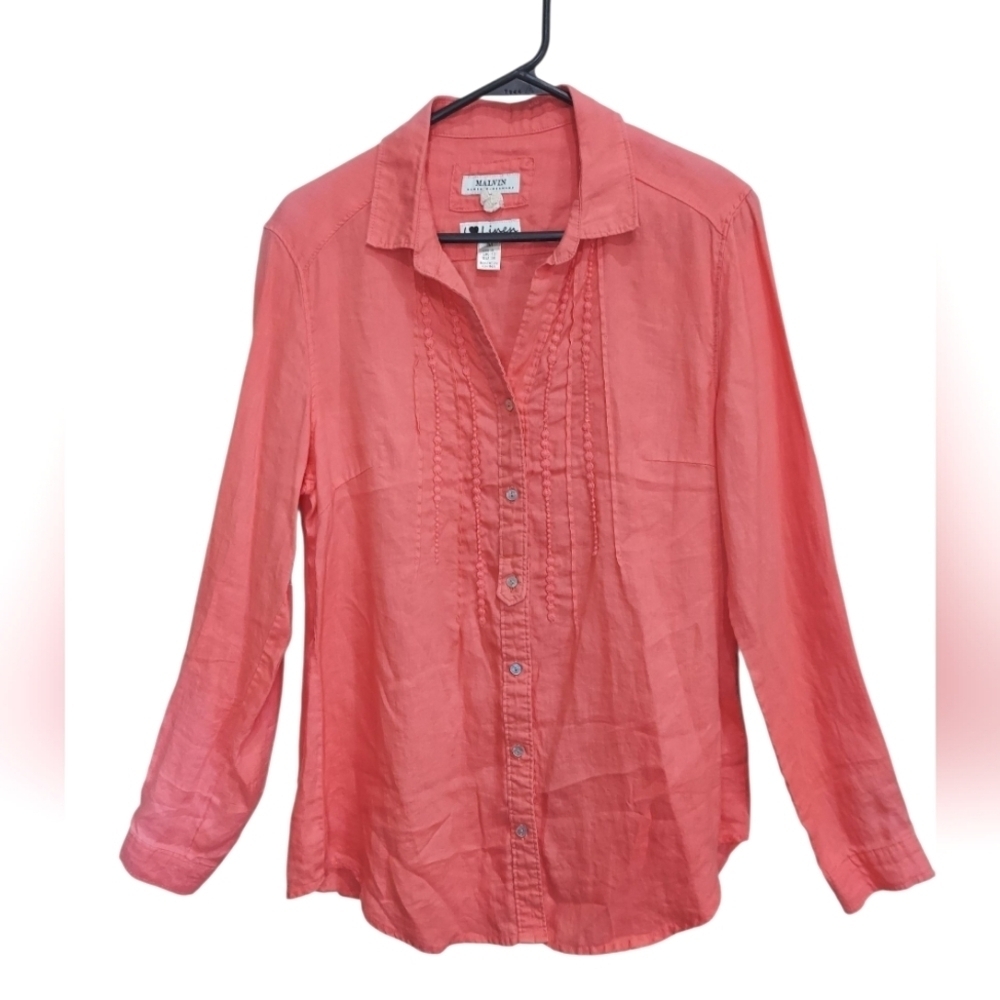 Malvin I Love Linen Coral Tunic Style Button-Up Long Sleeve Blouse